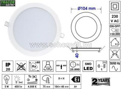 TRACON DLC5NW Beépíthető álmennyezeti LED lámpatest, 4000k, 450lm 1.