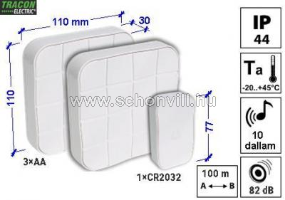 TRACON BELLW1-1V2 Vezeték nélküli csengő, négyzetes, 1 adó, 2 vevő 1.