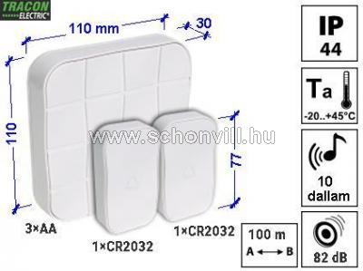 TRACON BELLW1-2V1 Vezeték nélküli csengő, négyzetes, 2 adó, 1 vevő 1.