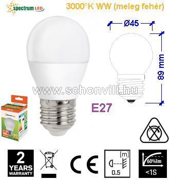 SPECTRUM 14218 LED-es kisgömb B45 fényforrás 230V 8W 620lm E27 WW - meleg fehér 17000h Ø45x89mm 1.