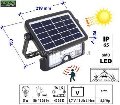 TRACON LSFL5W Napelemes LED fényvető mozgásérzékelővel 5W 4000K 50/500lm 218x150x34mm 1.