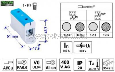TRACON FLEAL-50/1K Főáramköri leágazó kapocs, sínre szerelhető, kék 6-50mm² 1.