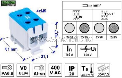 TRACON FLEAL-50/2K Főáramköri leágazó kapocs, sínre szerelhető, kék 6-50mm² 800VAC, max.160A 1.