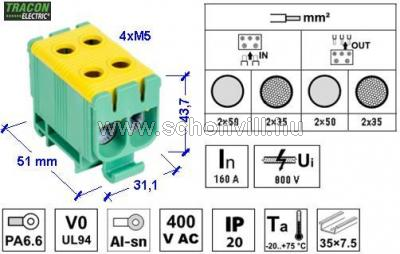TRACON FLEAL-50/2ZS Főáramköri leágazó kapocs sínre szerelhető, zöld-sárga 6-50mm² 800VAC, max.160A 1.