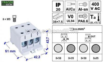 TRACON FLEAL-50/3 Főáramköri leágazó kapocs, sínre szerelhető, szürke 6-50mm² 1.