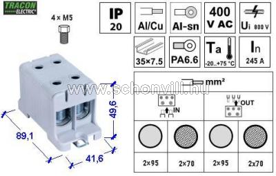 TRACON FLEAL-95/2 Főáramköri leágazó kapocs 400V 245A 2x16..95mm² sínre és felületre szer. szürke 1.