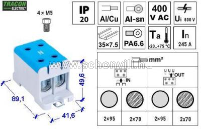 TRACON FLEAL-95/2K Főáramköri leágazó kapocs 400V 245A 2x16..95mm² sínre és felületre szer. kék 1.