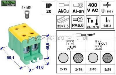 TRACON FLEAL-95/2ZS Főáramköri leágazó kapocs 400V 245A 2x16..95mm² sínre és fel. szer. zöld/sárga 1.