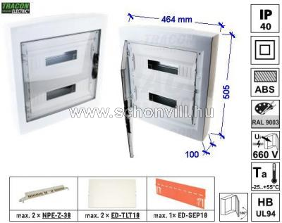 TRACON EDFKS-18/2 Falon kívüli elosztódoboz, füstszínű-sík ajtóval IP40 II.é.v. 1.