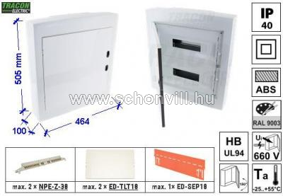 TRACON EDFKSN-18/2 Falon kívüli elosztódoboz, fehér-sík ajtóval, N/PE nélkül, 36=2x18 modul, IP40 1.