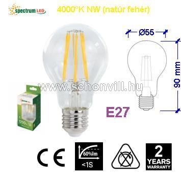 SPECTRUM 14339 COG LED-es izzószálas normál formájú izzó, 230V 9W E27 1150lm NW 4000°K 1.