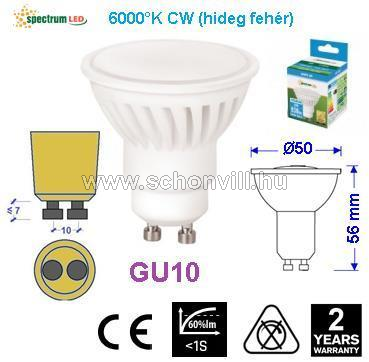 SPECTRUM 14310 LED-es fényforrás 230V 10W GU10 CW hideg fehér 930lm 17000h Ø50x56mm PREMIUM kerámia 1.