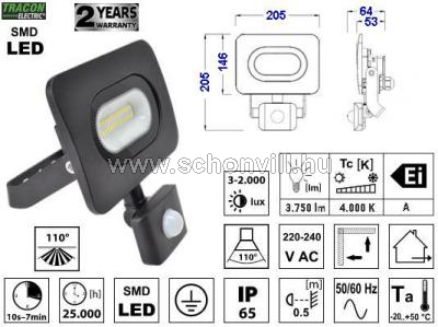 TRACON RSMDLM50H SMD fényvető mozgásérzékelővel fekete 220-240V 50W 4000K IP65 3750lm 10s-7min 3-10m 1.