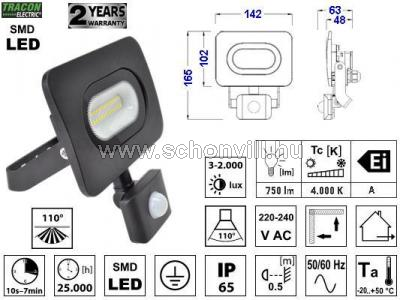 TRACON RSMDLM10H SMD fényvető mozgásérzékelővel, fekete 220-240V 10W 4000K IP65 750lm 10s-7min 3-10m 1.