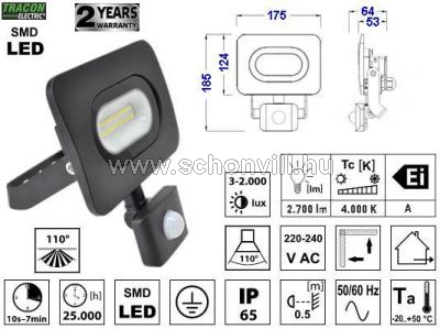 TRACON RSMDLM30H SMD fényvető mozgásérzékelővel fekete 220-240V 30W 4000K IP65 2700lm 10s-7min 3-10m 1.