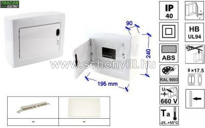 TRACON EDFKSN-8/1 Falon kívüli elosztódoboz, fehér-sík ajtóval, NPE nélkül, 1×8=8 modul, IP40 1.