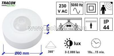 TRACON TRM-011LIP Védett mozgásérzékelő mennyezetre fehér 230V 50Hz 2000W 360° 10s-15min 3-2000lux 1.