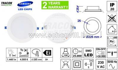 TRACON LED-DLS-18NW Beépíthető LED álm. mélysugárzó fehér 100-240V AC 18W 1440lm Ø225mm 4000°K IP20 1.