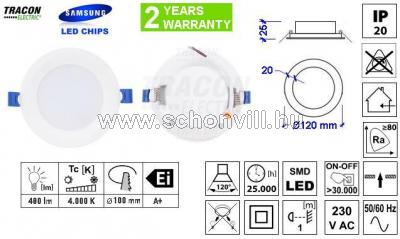 TRACON LED-DLS-6NW Beépíthető LED álmenny. mélysugárzó fehér 100-240V AC 6W 480lm Ø120mm 4000°K IP20 1.