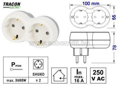 TRACON TND2 Többférőhelyes átalakító csatlakozó, szürke + fehér 2×SCHUKO max.16A 230VAC 3680W PP 1.