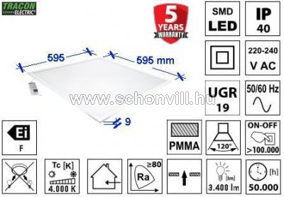 TRACON LPM606040NW LED panel, négyzet fehér 230VAC 50Hz 40W 3400lm 4000°K IP40 595×595mm 1.