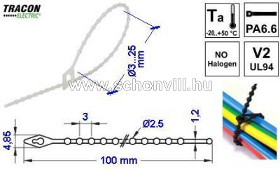 TRACON 100N-GY Gyöngyös nyitható kábelkötegelő, natúr 100×1,2mm, D=3-25mm, PA6.6 1.