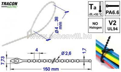 TRACON 160N-GY Gyöngyös nyitható kábelkötegelő, natúr 150×1,7mm, D=4-38mm, PA6.6 1.