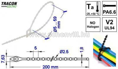 TRACON 200N-GY Gyöngyös nyitható kábelkötegelő, natúr 200×1,8mm, D=5-59mm, PA6.6 1.