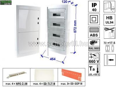 TRACON Falonkívüli elosztódoboz, fehér-sík ajtóval, NPE nélkül, 4×18=72 modul, IP40, 872×464×120mm 1.