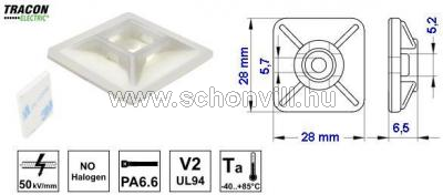 TRACON TALP280 Öntapadós/csavarozható, 4-oldalt fűzhető kötegelő talp natúr 28×28mm d=5,7mm PA6.6 3M 1.