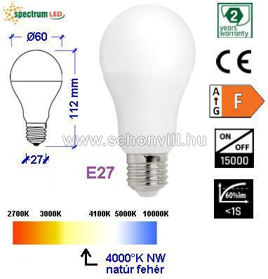 SPECTRUM 14347 LED-es fényforrás, 230V 11,5W 1150lm E27 NW (természetes fehér) 17000h 220° 1.