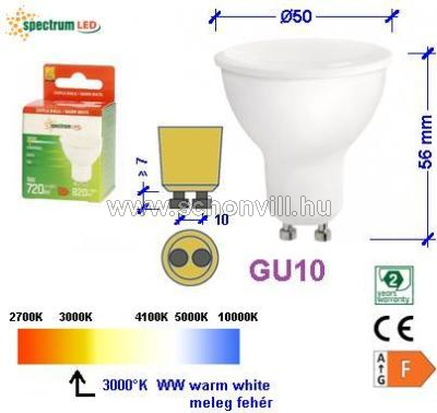 SPECTRUM 13256_9W LED-es fényforrás 230V 9W GU10 WW (meleg fehér) 720lm 17000h Ø50x56mm 1.