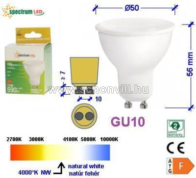 SPECTRUM 14593 LED-es fényforrás 230V 7,5W 720lm GU10 NW natúr fehér 17000h Ø50x56mm 1.