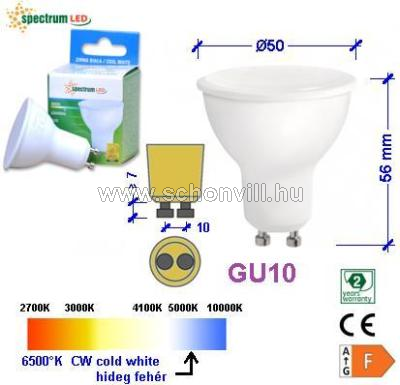 SPECTRUM 14594 LED-es fényforrás 230V 7,5W 600lm GU10 CW hideg fehér 17000h Ø50x56mm 1.