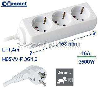 COMMEL 0802 Elosztó 3 dugaljas, 1,4m H05VV-F 3x1mm² fehér 16A 250V 3500W 1.