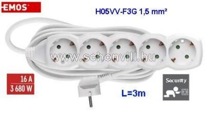 EMOS P0523R Hosszabbító 5 aljzat, fehér, 3m-es PVC H05VV-F 3G1,5mm² vezetékkel 1.