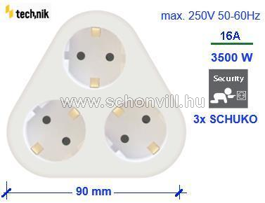 Technik Professional Elosztó Fali 3 utas (3x2P+F), háromszög-forma, max. 16A 250V AC 1.