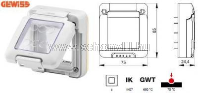 GEWISS GW27401 vízmentes IP55 csapófedeles ablak 2 modul-szélességű betétekhez, 75x85x30mm 1.