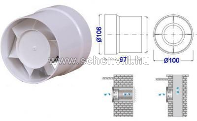 WK-10 csőventillátor, 230V 50Hz, 19W, 100m³/h, Ø100mm, Ø106/100x97mm 1.