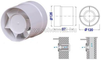 WK12 csőventillátor, 230V 50Hz, 20W, 150m³/h, Ø120mm, Ø126/120x97mm 1.