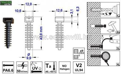 TRACON 5458 Beüthető kábelkötegelő tipli, UV-álló, fekete d=8mm, A=10,6×3,1mm, PA6.6 1.