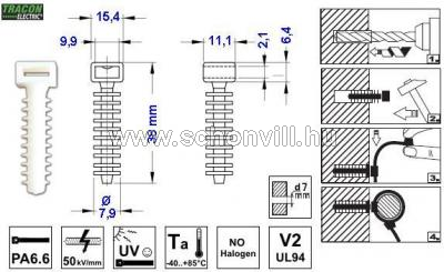 TRACON 5458N Beüthető kábelköt.tipli, 8-as furathoz, fej, 9x2,5 mm, fehér 1.