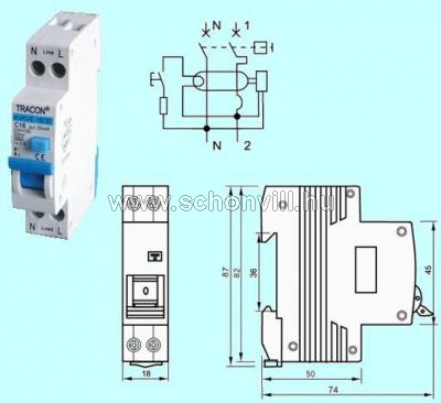 TRACON KVKVE-16/30 Kombinált védőkapcsoló C kar.,16A/30mA, 1P, 6kA AC 1.