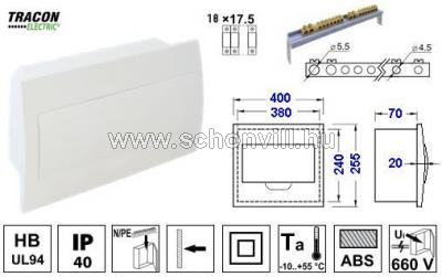 TRACON EDSN-18/1 Elosztódoboz sülyesztett 1 sor/18 modul, fehér ajtó IP42 1.