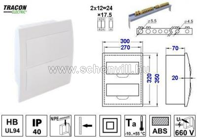 TRACON EDSN-12/2 Elosztódoboz sülyesztett 2 sor/12 modul, fehér ajtó IP42 1.