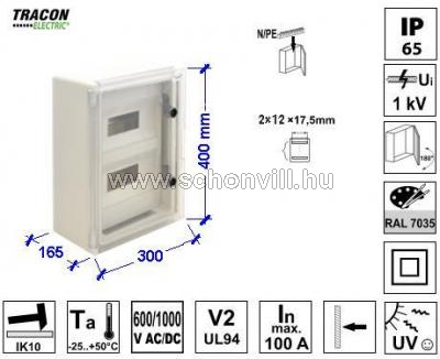 TRACON TME403017MT műanyag elosztószekrény átlátszó,maszkos IP65 400x300x165mm 1.