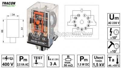 TRACON RM11-220AC ipari relé 230 V AC 3 váltóérintk., 230 V AC/ 28 V DC/ 3 A 1.