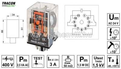 TRACON RM11-24AC ipari relé 24 V AC 3 váltóérintk., 230 V AC/ 28 V DC/ 3 A 1.