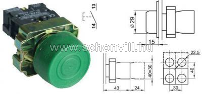 Gumiburkolatos nyomógomb, zöld, 1Z, 240 V/ 3 A, IP42 1.