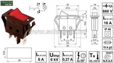 TRACON TES-11 Készülékkapcsoló, világító, BE-KI, piros 250V AC, 16(6)A 1.